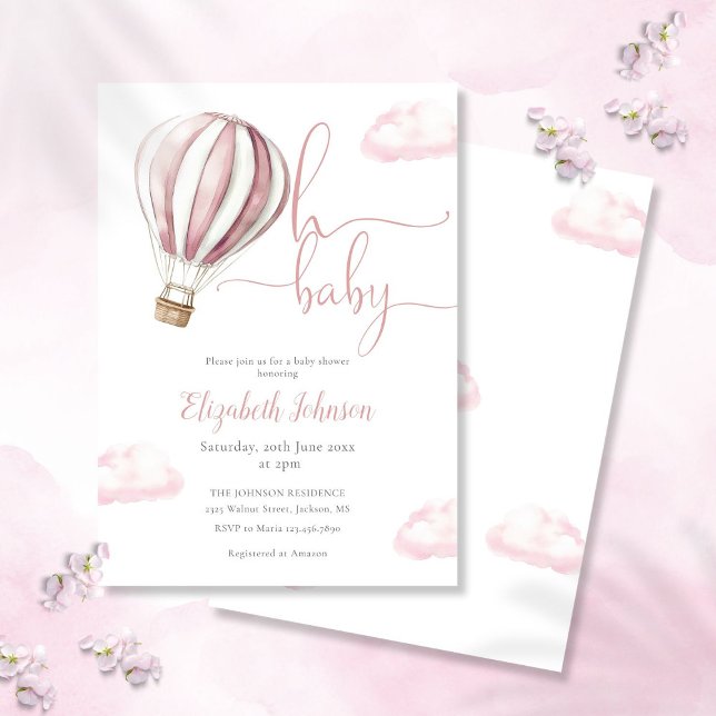 Oh Baby Girl Pink Hot Air Ballon Babydusche Einladung (Hello Baby Girl Pink Hot Air Balloon Baby Shower Invitation)