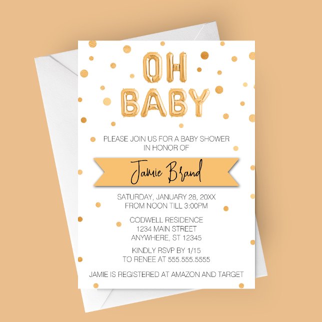 Oh Baby Gold Foil Balloon Baby Dusche Einladung (Oh Baby Gold Foil Balloon Letters Baby Shower Invitation - Neutral Baby Shower)