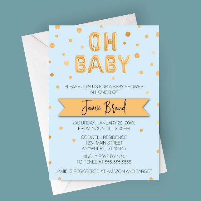 Oh Baby Gold Foil Balloon Baby Dusche Einladung (Oh Baby Gold Foil Balloons on Blue Background Baby shower invitation)