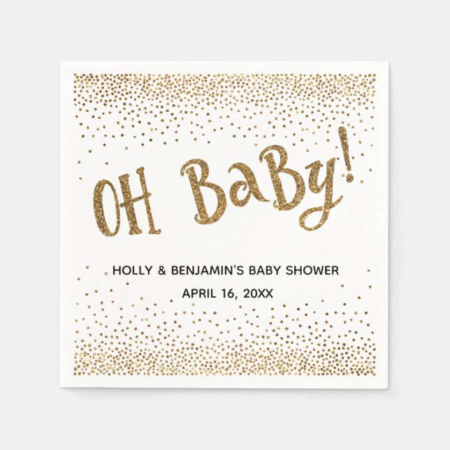 "Oh Baby!" Gold Glitzer Confetti, Namen und Datum Serviette (Vorderseite)