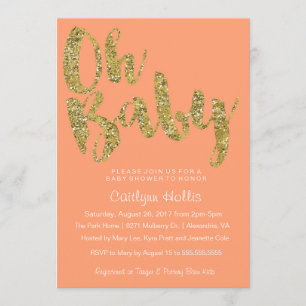 Oh Baby Gold Glitzer und Folie auf pfirsichfarbene Einladung