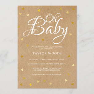 Oh Baby Gold Hearts Baby Shower Rustikaler Kraft B Einladung