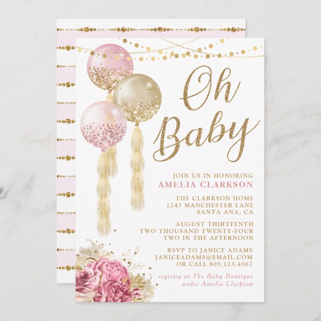Oh Baby Gold & Pink Balloons Babydusche Einladung (Vorne/Hinten)