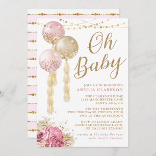 Oh Baby Gold & Pink Balloons Babydusche Einladung