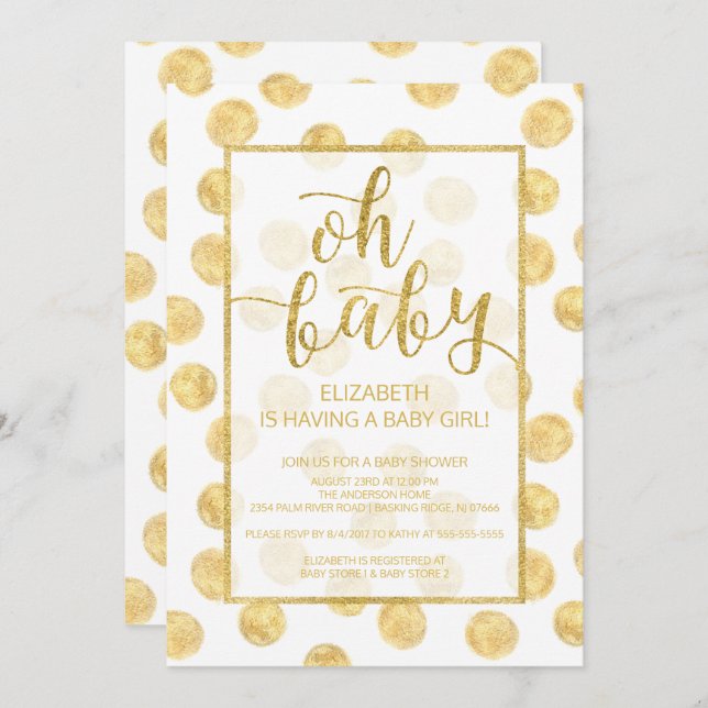 Oh, Baby! Gold Polka Dots Kinderdusche Einladung (Vorne/Hinten)