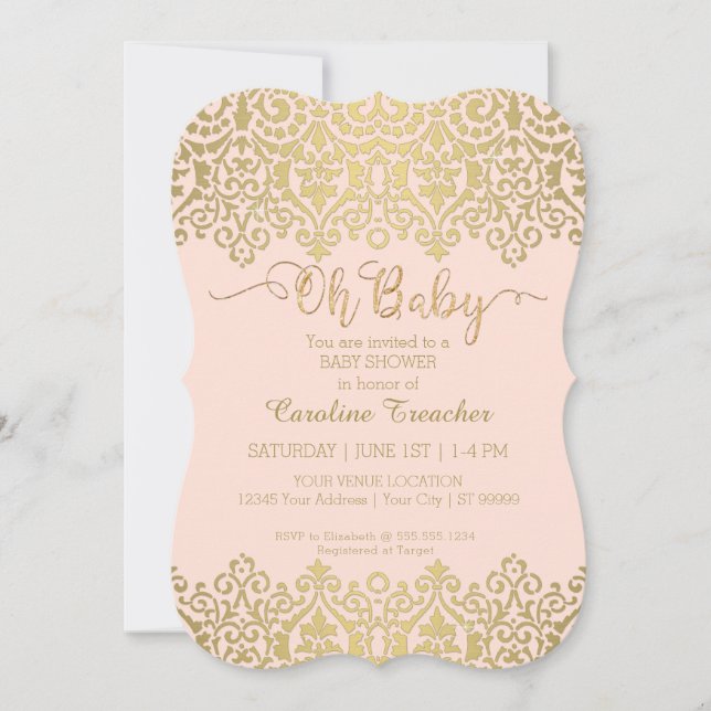 Oh Baby Gold Script Blush Pink Baby Girl Dusche  Einladung (Vorderseite)