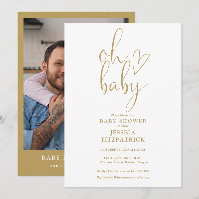 Oh Baby Gold Script Heart Foto Baby Dusche Einladung (Vorne/Hinten)