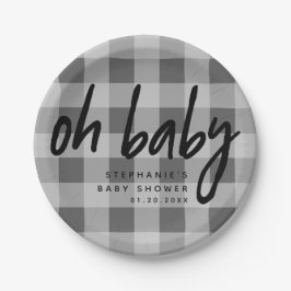 Oh Baby | Gray Gingham Baby Shower Pappteller