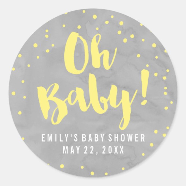 Oh Baby Gray und Yellow Watercolor Babydusche Runder Aufkleber (Vorderseite)