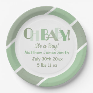 Oh Baby Green Typografy Baby Shower Paper Plate Pappteller