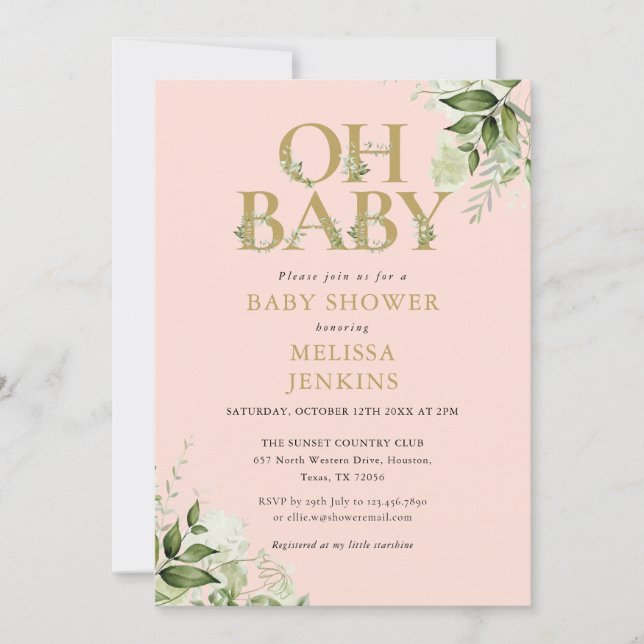 Oh Baby Greenery Blush Pink Gold Baby Dusche Einladung (Vorderseite)