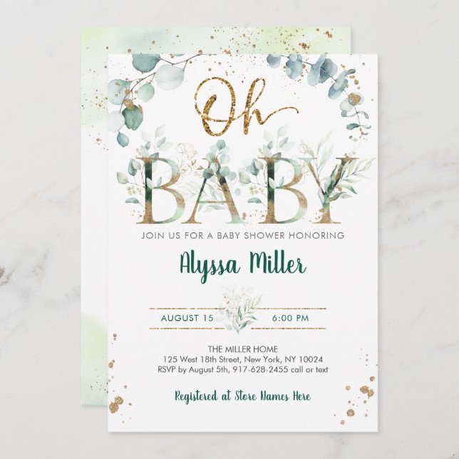 Oh Baby Greenery Eucalyptus Baby Shower Einladung (Vorne/Hinten)