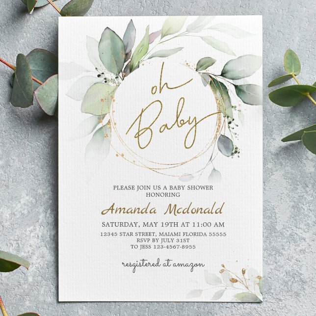 Oh Baby Greenery Gold Foliage Eukalyptus Invitatio Einladung (Von Creator hochgeladen)