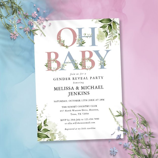 Oh Baby Greenery Letter Gender Reveal Party Einladung (Oh Baby Greenery Letter Gender Reveal Party Invitation)
