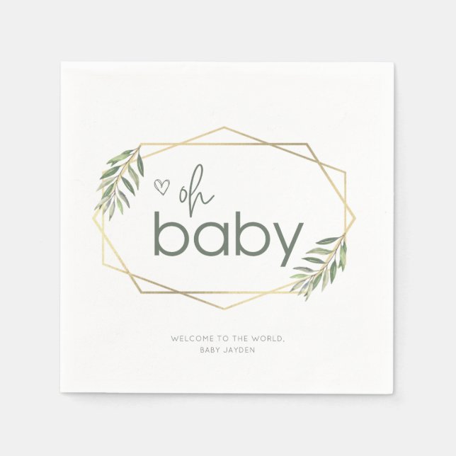 Oh Baby Greenery und Gold Baby Dusche Serviette (Vorderseite)