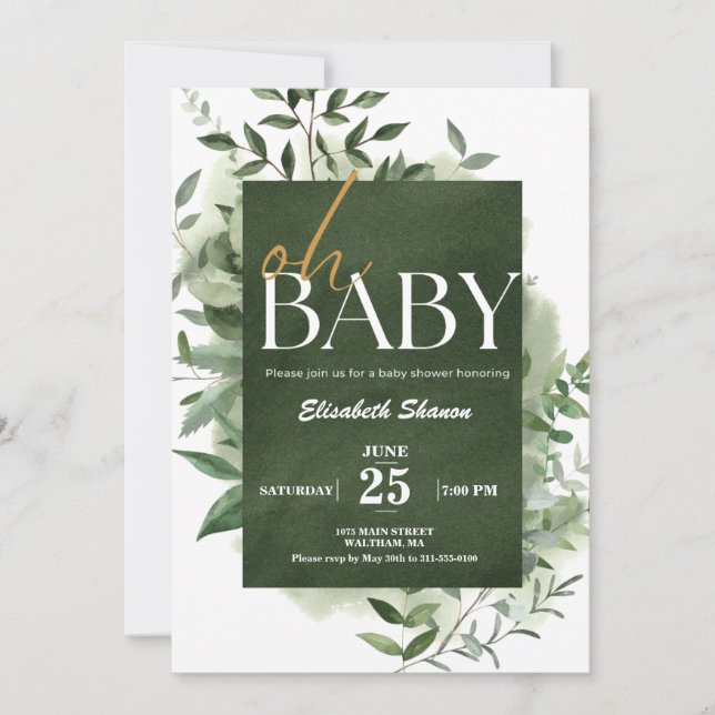 Oh, Baby! Greenery Watercolor Babydusche Einladung (Vorderseite)