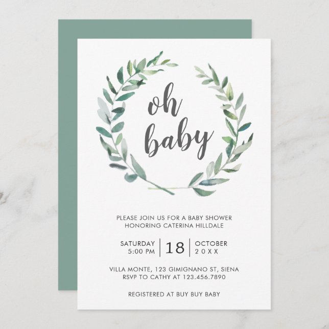 Oh Baby Greenery Wreath Gender Neutral Baby Dusche Einladung (Vorne/Hinten)