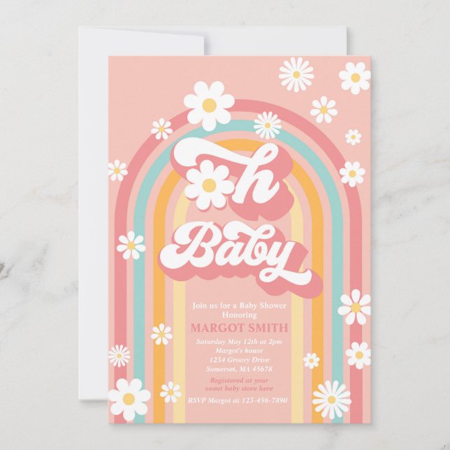 Oh Baby Groovy Boho Daisy Rainbow Baby Shower Einladung (Vorderseite)