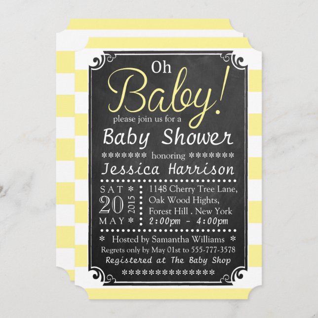 Oh, Baby! Halbpension & gelbe Stripe Babydusche Einladung (Vorne/Hinten)