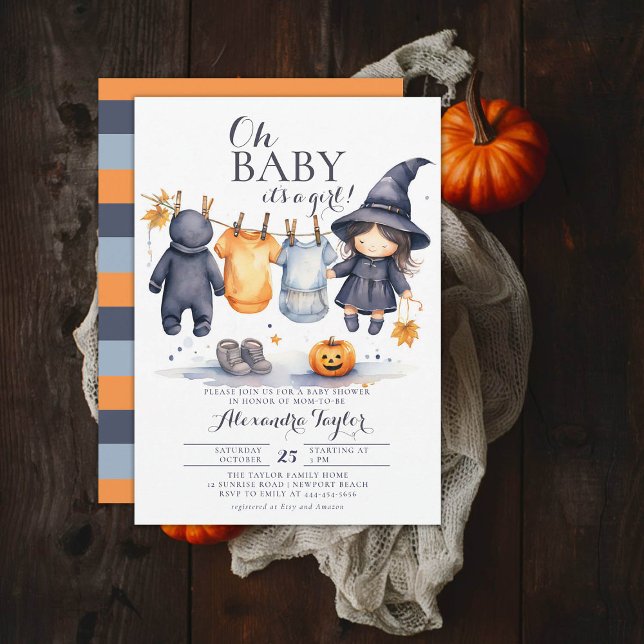 Oh Baby Halloween Fall Oktober Hexendusche Einladung (october baby shower ideas clothes line invitation halloween novermber fall leaves cute witch)