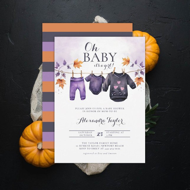 Oh Baby Halloween Herbst Kleidung Mädchen Dusche Einladung (october baby shower ideas clothesline invitation halloween novermber fall leaves purple black)