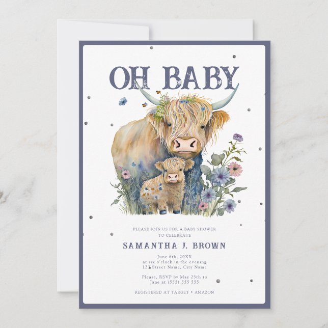 Oh Baby Highland Cow Elegant Baby Shower Einladung (Vorderseite)