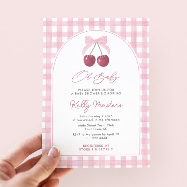 Oh Baby Hübsch Pink Cherries Girl Baby Dusche Einladung (She's the cherry on top! Pretty pink gingham & cherries baby shower invitation for girl with arch)
