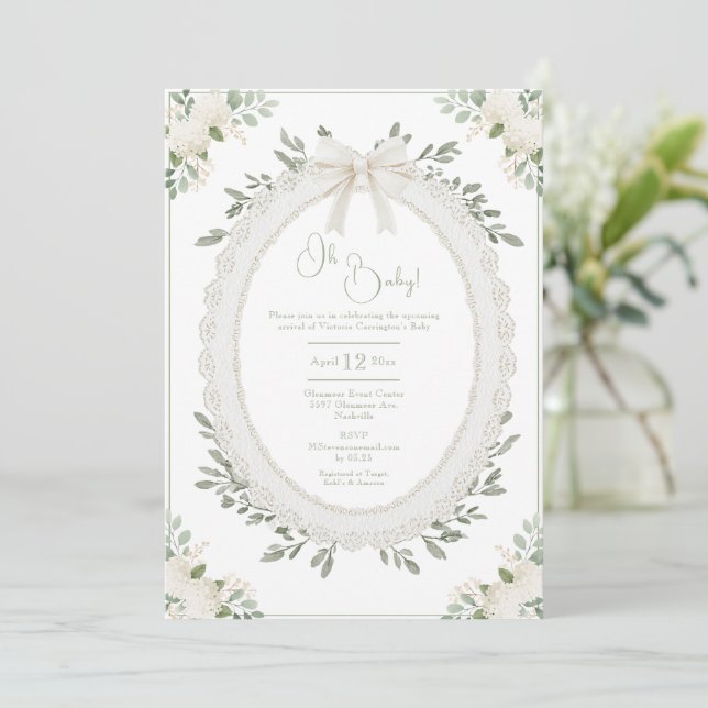 Oh Baby Hydrangea Vintage Baby Shower Einladung (Stehend Vorderseite)