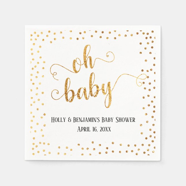 "Oh Baby" Imitate Gold Foil Confetti, Namen & Datu Serviette (Vorderseite)