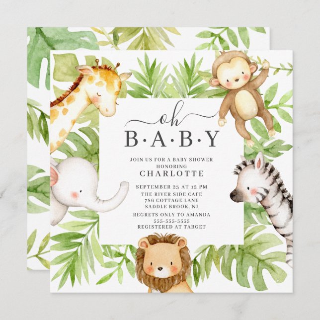 Oh Baby Jungle Baby Dusche Einladung (Vorne/Hinten)