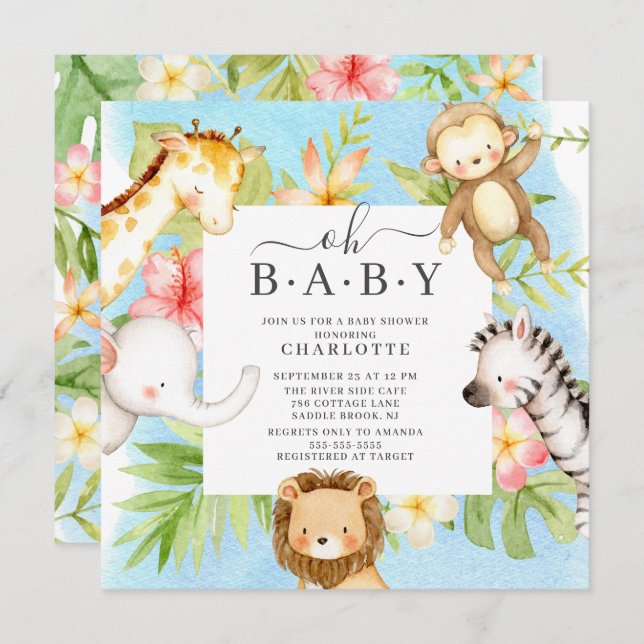 Oh Baby Jungle Baby Dusche Einladung (Vorne/Hinten)