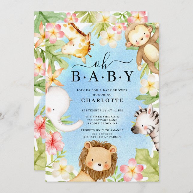Oh Baby Jungle Baby Dusche Einladung (Vorne/Hinten)