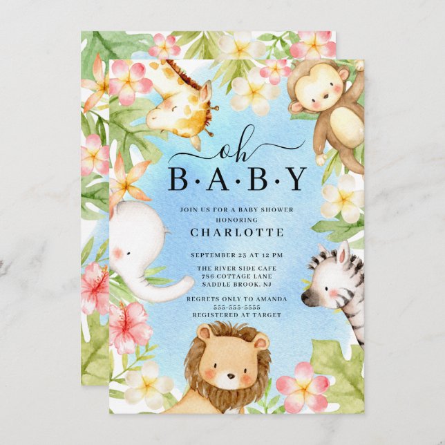 Oh Baby Jungle Baby Dusche Einladung (Vorne/Hinten)