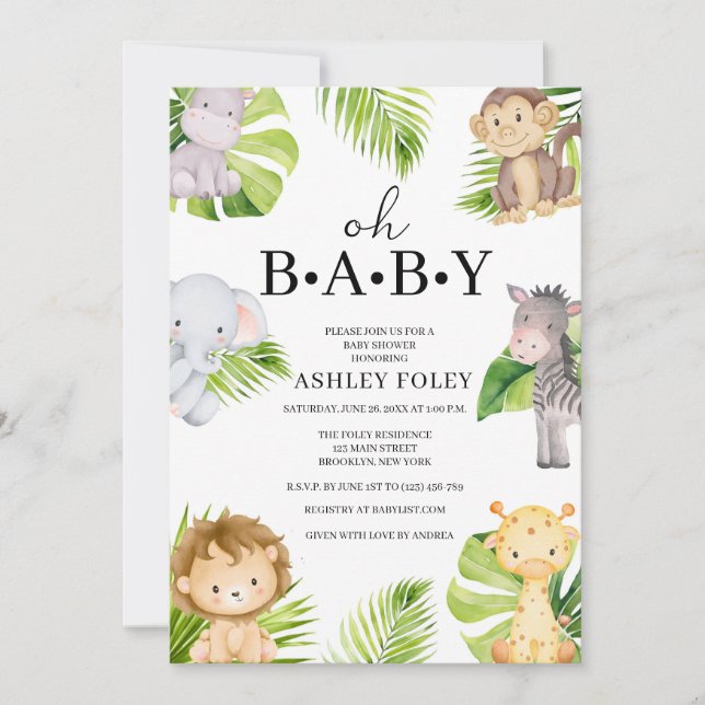 Oh Baby Jungle Baby Dusche Einladung (Vorderseite)