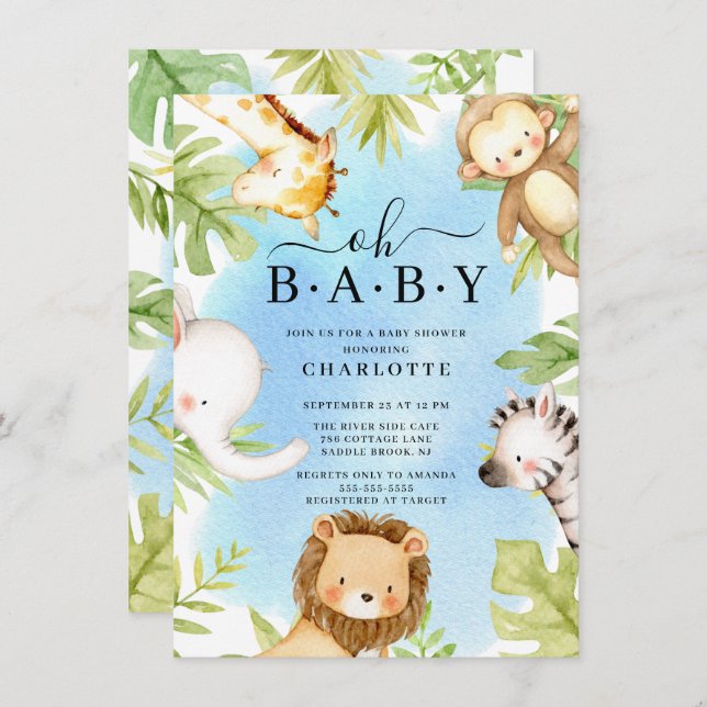 Oh Baby Jungle Baby Dusche Einladung (Vorne/Hinten)