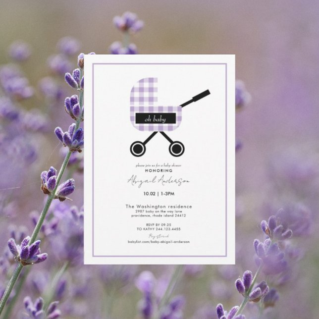 Oh Baby Lavender Gingham Pram Baby Dusche Einladung (Von Creator hochgeladen)