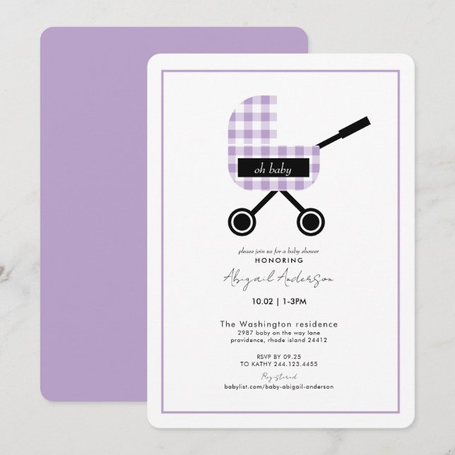 Oh Baby Lavender Gingham Pram Baby Shower Rounded Einladung (Vorne/Hinten)