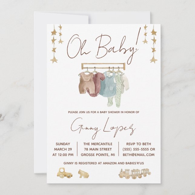 Oh Baby, Layette, Öko Toys Baby Dusche Einladung (Vorderseite)