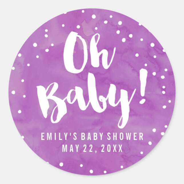 Oh Baby Lila Watercolor Babydusche Runder Aufkleber (Vorderseite)