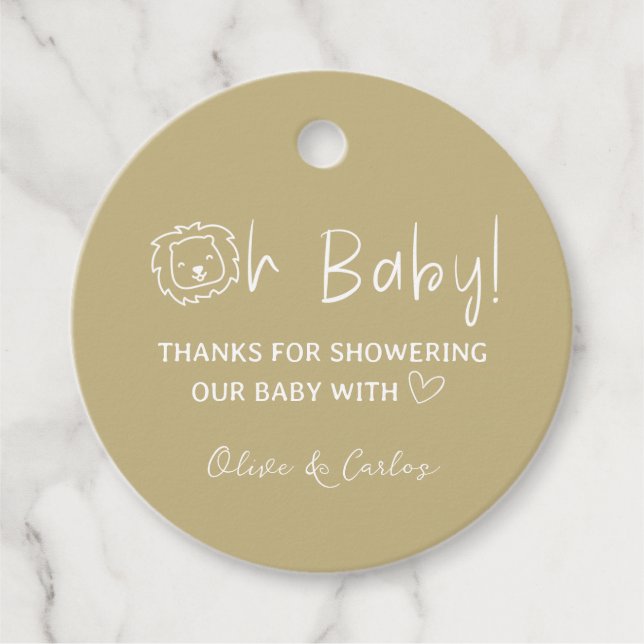 Oh Baby Lion und Herz Danke, Baby Dusche Geschenkanhänger (Vorderseite)