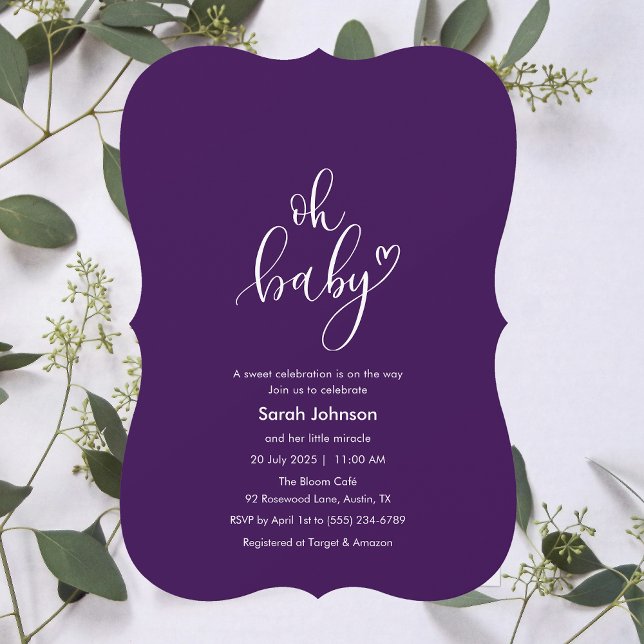 Oh Baby! Minimal Typography Purple Baby Shower Einladung (Oh Baby! Minimal Typography Purple Baby Shower Invitation)