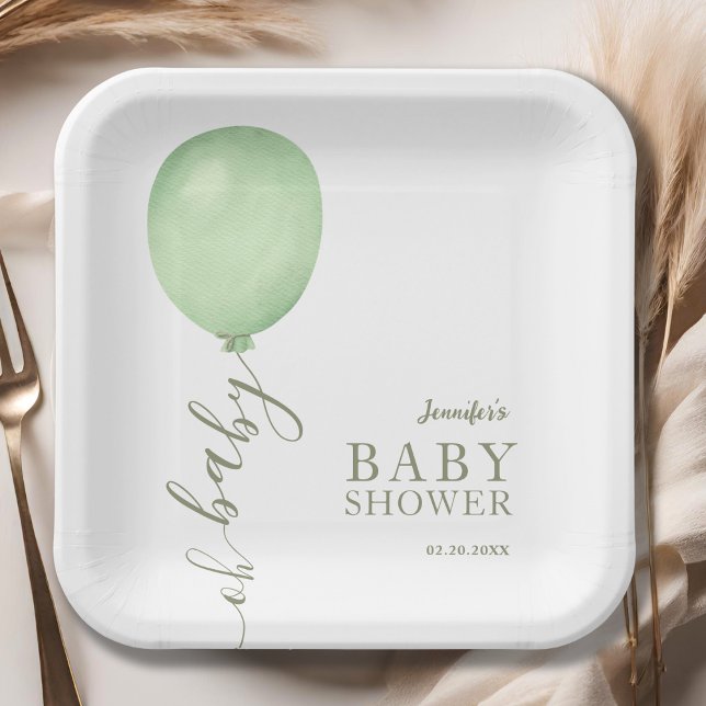 Oh Baby Minimalistisch Sage Green Balloon Babydusc Pappteller (Von Creator hochgeladen)