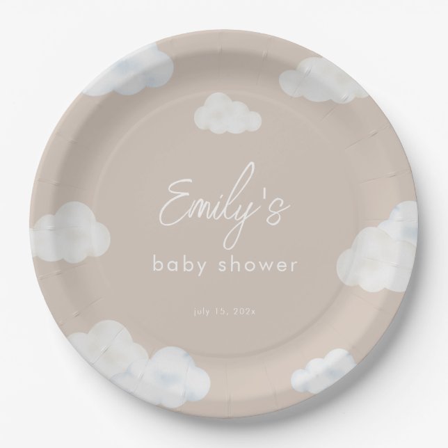 Oh Baby Modern Beige Cloud Baby Dusche Teller (Vorderseite)