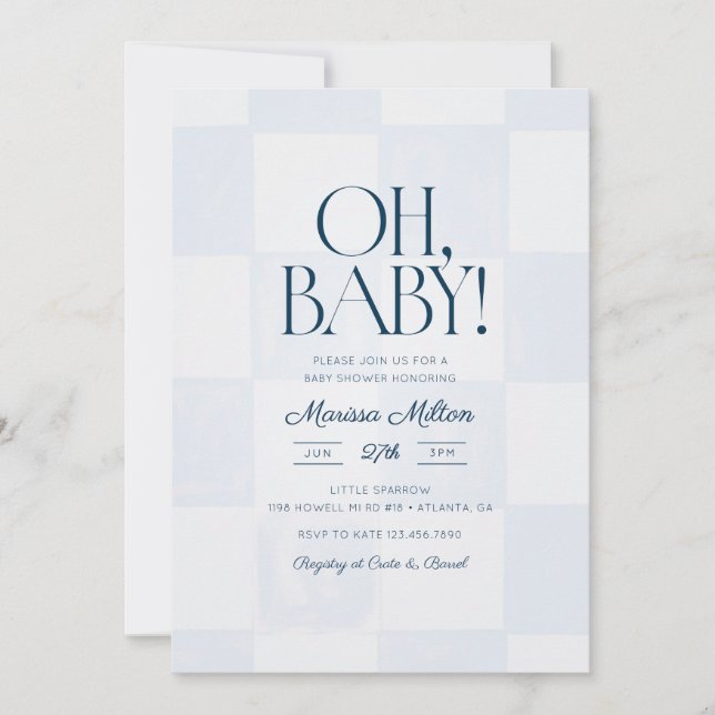 Oh Baby Modern Blue Checkered Baby Shower Einladung (Vorderseite)