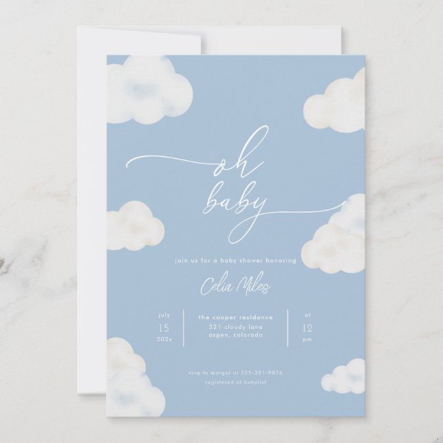 Oh Baby Modern Blue Cloud Baby Dusche Einladung (Vorderseite)