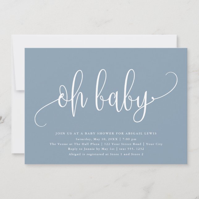 Oh Baby Modern Calligraphy Dusty Blue Baby Dusche Einladung (Vorderseite)