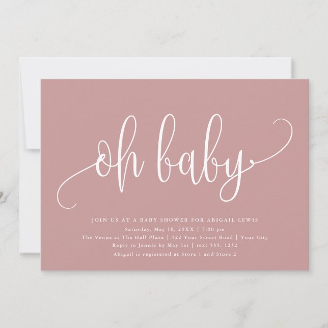 Oh Baby Modern Calligraphy Dusty Rose Babydusche Einladung (Vorderseite)