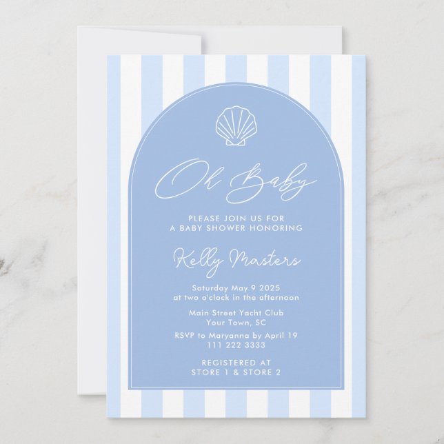 Oh Baby Modern Coastal Blue and White Baby Dusche Einladung (Vorderseite)