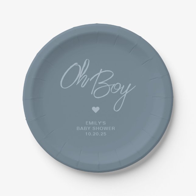 Oh Baby Modern Minimal Dusty Blue Boy Baby Dusche Pappteller (Vorderseite)