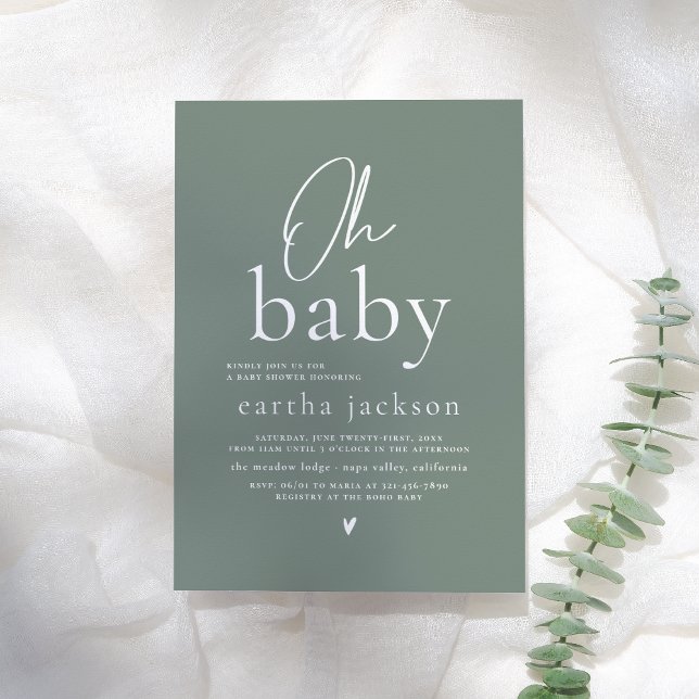 Oh Baby Modern Script Sage Green Boho Baby Dusche Einladung (Von Creator hochgeladen)